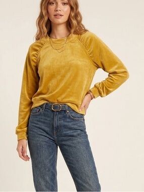 Anthropologie Saturday Sunday Kamira Ruched Velvet Sweatshirt Mustard XS